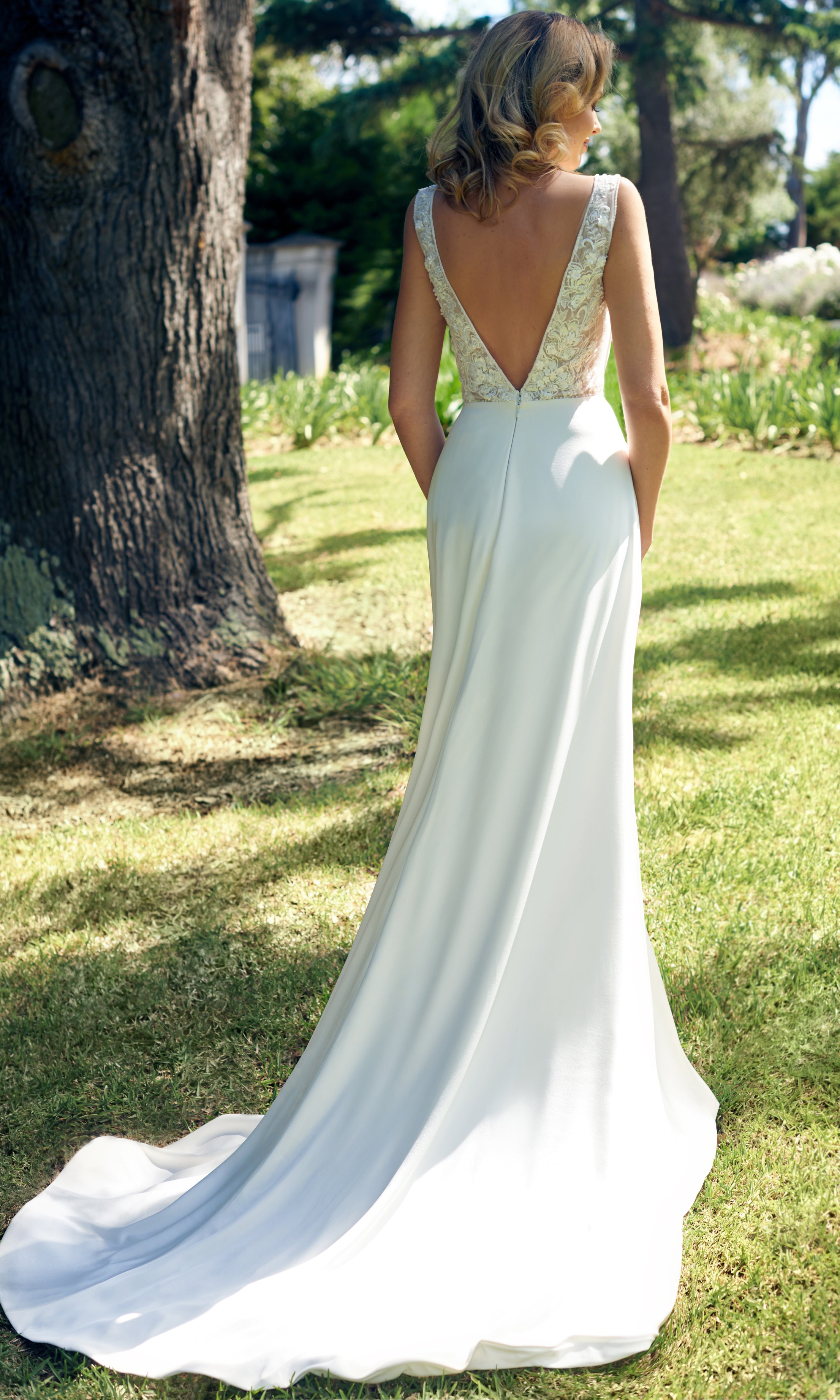 Elena | Bridal Wear | Wedding Gowns Melbourne | Wedding Gowns Sydney | Online Wedding Gowns | Italian Satin Gown Wedding Dress | V-neck Lace Bodice Bridal
